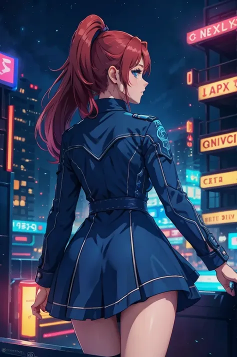 redhead a woman with ponytails, blue dress with intricated details, in the city, at night, lots of neon lights in background, an...