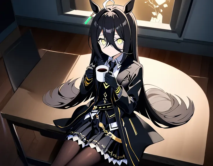 score_9, score_8_superior, score_7_superior, sauce_anime, evaluation_Safety, alone, One girl, Manhattan Cafe, Expressionless, View Viewer, Have a coffee mug, Ahoge, Black jacket, shirt, tie, Black gloves, skirt, pantyhose, Single earring, Horse tail ,moonl...