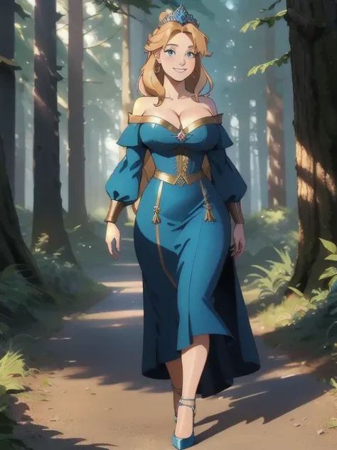 ((Best quality)), ((Masterpiece)), (detailed), perfect face perfect figure, Middle Ages, forest background, 26 year old, Scandinavian woman, Princess, Golden hair, bun-like hairstyle, bright blue eyes, pale skin, large breasts, tight blue dress, off should...