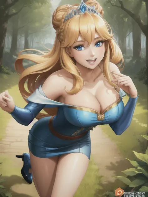 ((Best quality)), ((Masterpiece)), (detailed), perfect face perfect figure, Middle Ages, forest background, 26 year old, Scandinavian woman, Princess, Golden hair, bun-like hairstyle, bright blue eyes, pale skin, large breasts, tight blue dress, off should...