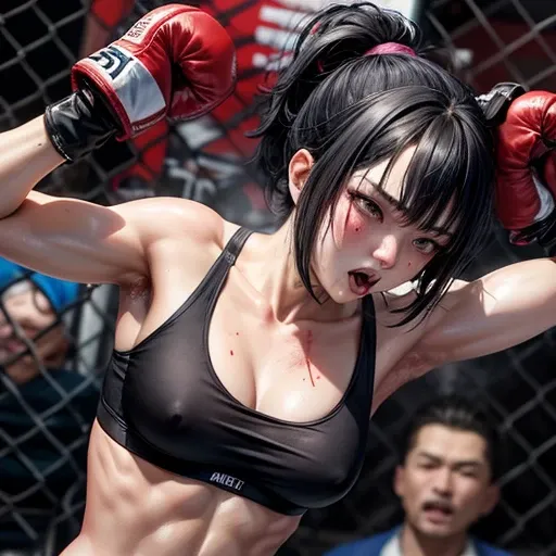 Dynamic behavior. She has been punched, her body is flying away, she is suffering. She is cornered in a wire fence and badly beaten by her opponent. She is wearing a sports bra and high-leg panties. Her opponent tries to kill her with a powerful punch. The...