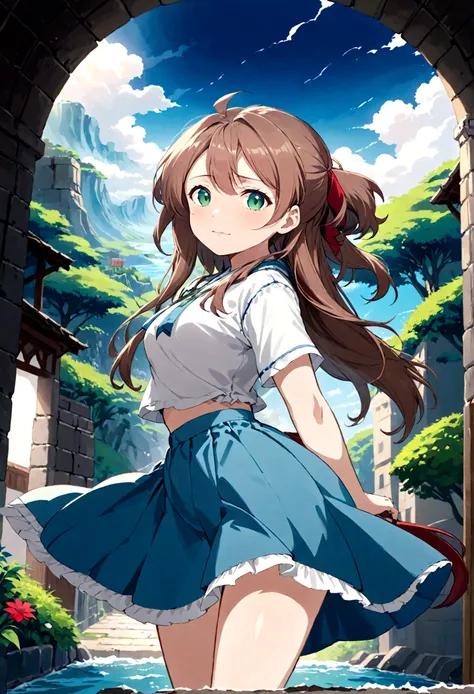 Yuuki Asuna low angle、Long skirt、Hold down your skirt that is being blown up by the strong wind、The strong wind is showing her white cotton panties、