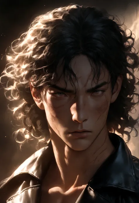 a teenage boy with black curly hair, tanned skin, and many scars on his face, wearing leather clothes and with a serious expression, detailed face, hyperrealistic, 8k, high quality, cinematic lighting, dramatic portrait, chiaroscuro, dark moody atmosphere,...