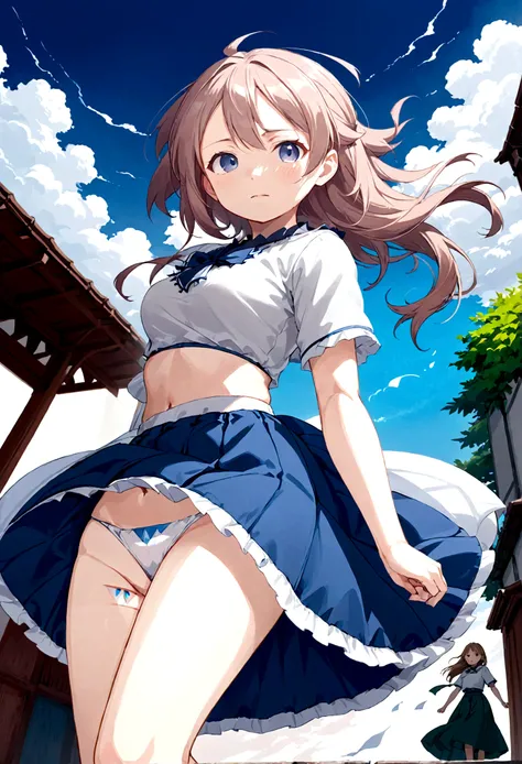 Yuuki Asuna low angle、Long skirt、Hold down your skirt that is being blown up by the strong wind、The strong wind is showing her white cotton panties、