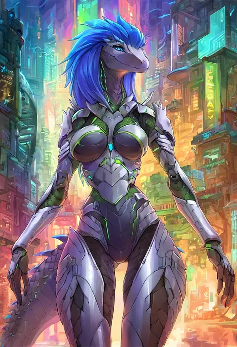 ultra, vivid colors, anthropomorphic Velociraptop, female she has a very beautiful velociraptor face, she has long spiky Blue hair, she is tall and slim with a defined body, she has wide hips, she has soft skin with scales Brown in color and with green ton...