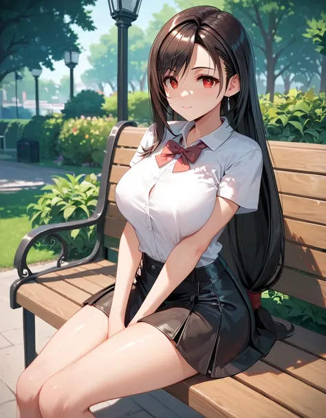 score_9, score_8_up, score_7_up, source_anime, highres, masterpiece, best quality, 4K, high detail, best image, solo, Tifa Lockhart, 1girl, cute face, clear skin, shiny hair, ultra detailed eyes, school dress, shirt, skirt, sitting, park bench, 