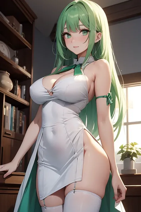 (girl1), (anime), white, with long green hair, green eyes, (pretty), (hot), an 18 year old woman, looking in front of the viewers camera, wearing a white dress showing her shoulders, with a thin straight skirt, like a dress cloth in the lower straight part...