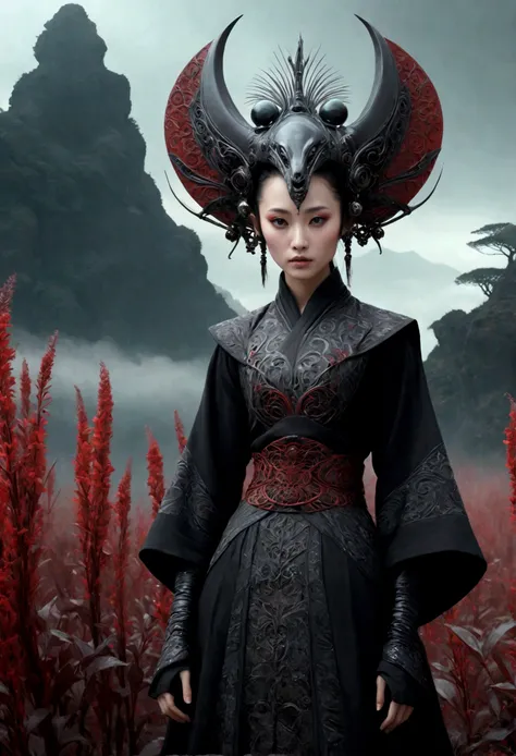 heght view ,junkie elf,hanfu,once pretty face,eyebrow up,full body shot,xenomorph,ominous landscape,glate gray atmosphere,wariza,Bun Hair,(Folk clothes:1.5), long dress, pronounced feminine feature, Complex background,  [night landscape],junkie, deeply mat...