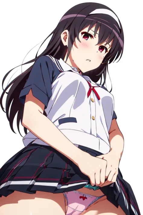 alone, One girl, View Viewer, 2D, anime, anime coloring, Upper Body, (Simple Background, White background:1.3),  utaha kasumigaoka, (((Skirt flip, I can see your panties)))，squat，From below，blush，Embarrassing， (( 指で膣を触ってMasturbationする)),Masturbation，orgasm...