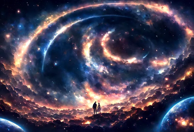 space, milky way, galaxy, stars, happy couple, holding hands, kissing，fantasy art