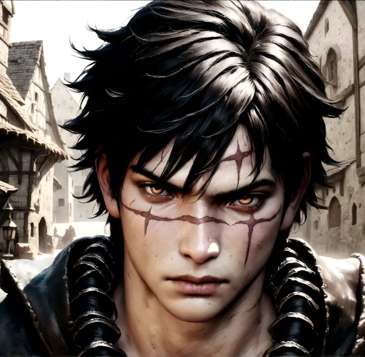 a serious-looking teenage boy with black hair and tanned skin, a large scar on his face, in the dirty alley of a medieval village in the background, brown eyes, detailed facial features, cinematic lighting, dark and gritty atmosphere, highly detailed, phot...