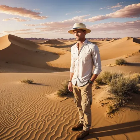 Create a picture of a blonde man in an interesting setting. The blonde man should have short hair and be dressed in an outfit suitable for the desert – for example, a light-colored, breathable shirt, cargo pants, and a wide-brimmed hat. The setting should ...