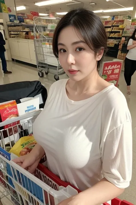 supermarket，40 years old adult、Japanese woman、Low-cut、Sexy, Big breasts,delicate skin、masterpiece、Beautiful breasts、high quality、Super beautiful、face hd、The makeup is very light、Glowing and beautiful skin、The beauty of transparency、Reality、Looking at the c...