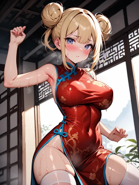 nsfw,((solo girl)),((Perfect body,))((Super beautiful,))((High quality,)), (sweaty,)Steam,blush,Shiny white cheongsam, Chinese style indoors, Chinese martial arts fighting pose, one leg raised, thigh-high socks, twin bun hair, blonde hair,cowboy shot,stand...