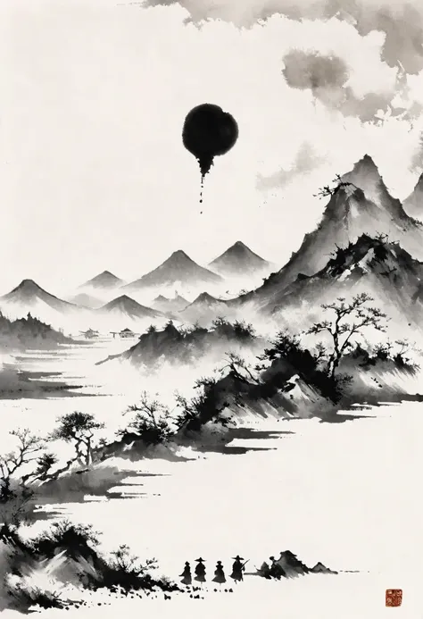 (Lots of white space:1.5)，Lots of white space, White background, simple, Minimalism, abstract,Freehand，Aesthetic，black and white，Ink Painting，antiquity，Mountain，People in the distance