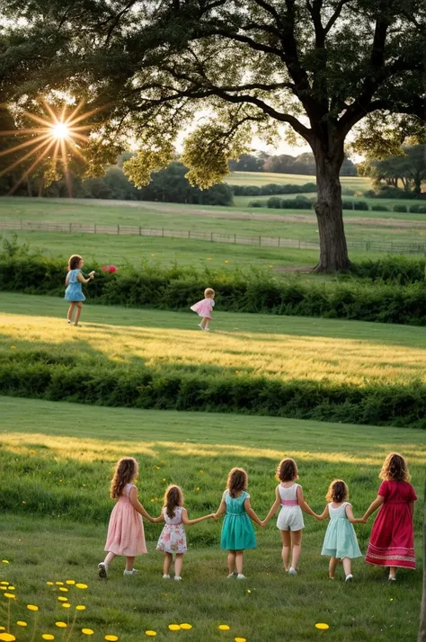 ((best quality)),In a quaint meadow, sunlight danced through the branches, painting the ground with warm hues. Children giggled as they frolicked among the flowers, their laughter mingling with the gentle rustle of petals in the breeze. 

Some children wov...