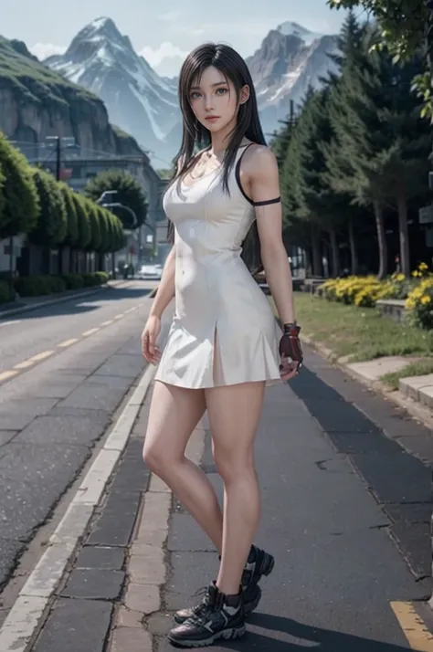 Tifa lockhart, (best quality,ultra-detailed,Realistic:1.37),beautiful detailed face,Perfect symmetry,perfectly shaped body,Perfect makeup,vivid colors,studio lighting