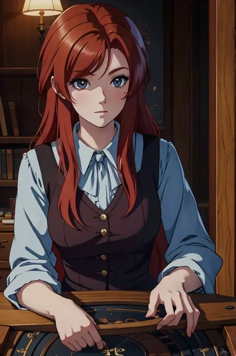 beautiful redhead professor sitting in her table, petulant looking, looking at the viewer, contemporary time, anime style, 8k