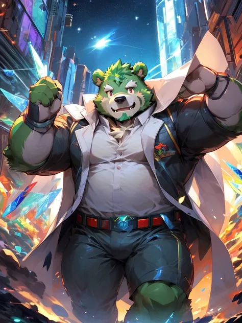 masterpiece, high quality, anime, detailed eyes, male jinpei, anthro, bear, Great physique, strong arms manly, in the Space, Walking in the city, Future city, Casual suit, (((green bear))), (((green fur))), green hair, beard, white eyebrows, bald, detailed...