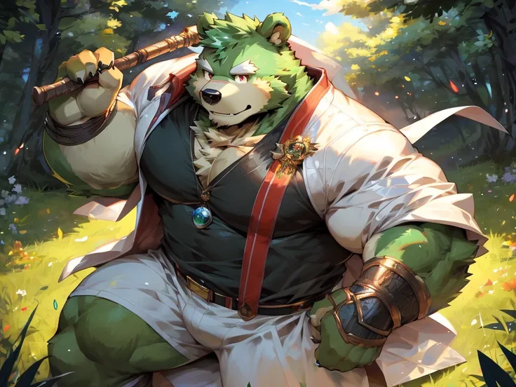 masterpiece, high quality, anime, detailed eyes, male jinpei, anthro, bear, Great physique, strong arms manly, Casual suit, (((green bear))), (((green fur))), green hair, beard, white eyebrows, bald, detailed red eyes, tall, Joyful, (black t-shirt inside),...