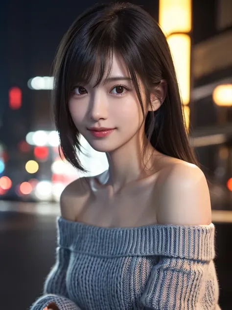 1 Japanese girl,(Off-the-shoulder knit:1.4), (RAW Photos, highest quality,8K), (Realistic, Realistic:1.4), Very delicate and beautiful, Very detailed, wonderful, In detail, Very detailedなCG Unity, High resolution, Soft Light, 美しくIn detail描かれた19歳の少女, Very d...