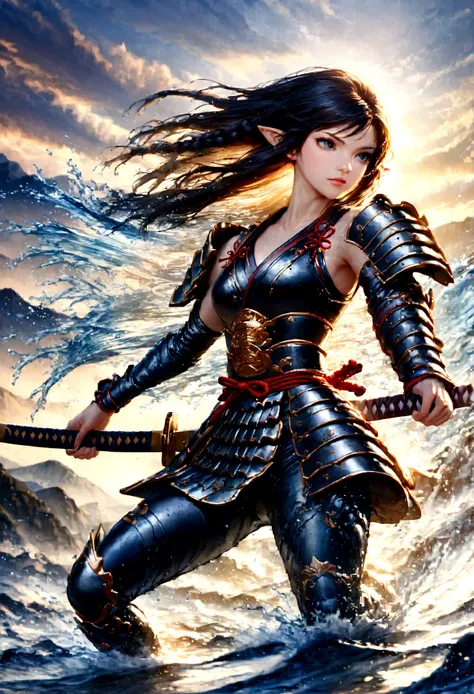 ((water color art: 1.5)), fantasy art, RPG art, dark fantasy art, a female elf samurai, ready to battle, she wears traditional samurai armor, armed with a katana, she stands on top of the mountain at dawn, exquisite beautiful female elf, long hair, black h...