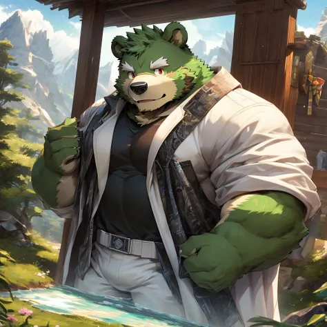 masterpiece, high quality, anime, detailed eyes, male jinpei, anthro, bear, Great physique, strong arms manly, Casual suit, (((green bear))), (((green fur))), green hair, beard, white eyebrows, bald, detailed red eyes, tall, Joyful, (black t-shirt inside),...