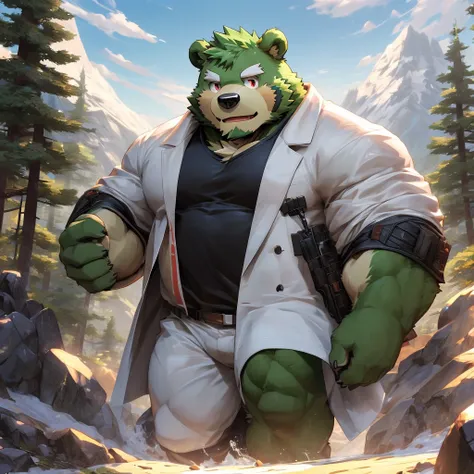 masterpiece, high quality, anime, detailed eyes, male jinpei, anthro, bear, Great physique, strong arms manly, Casual suit, (((green bear))), (((green fur))), green hair, beard, white eyebrows, bald, detailed red eyes, tall, Joyful, (black t-shirt inside),...