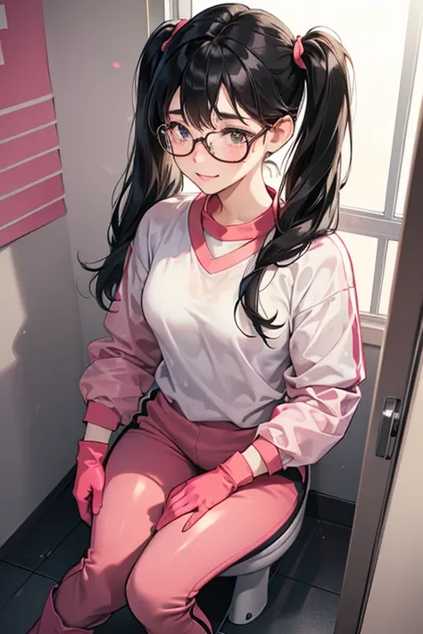 A high school girl with black hair, pigtails, glasses and freckles wearing red long sleeves, long pants and gym clothes, wearing oversized pink rubber gloves and white rubber boots, cleaning the school toilets