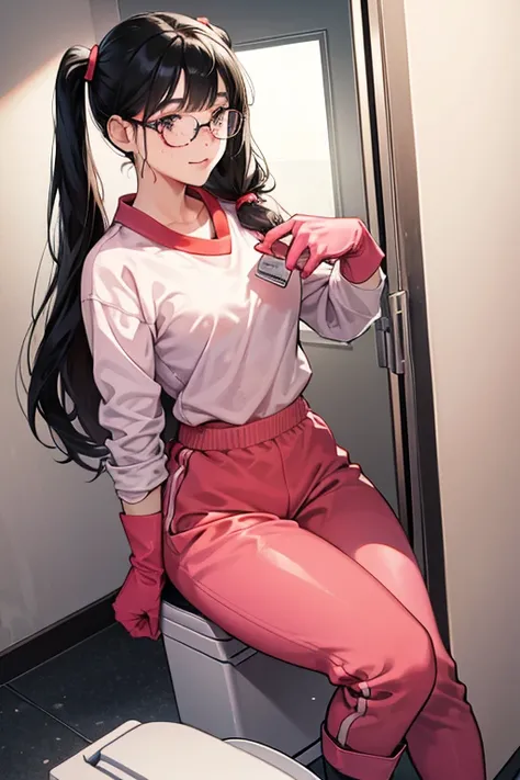 A high school girl with black hair, pigtails, glasses and freckles wearing red long sleeves, long pants and gym clothes, wearing oversized pink rubber gloves and white rubber boots, cleaning the school toilets