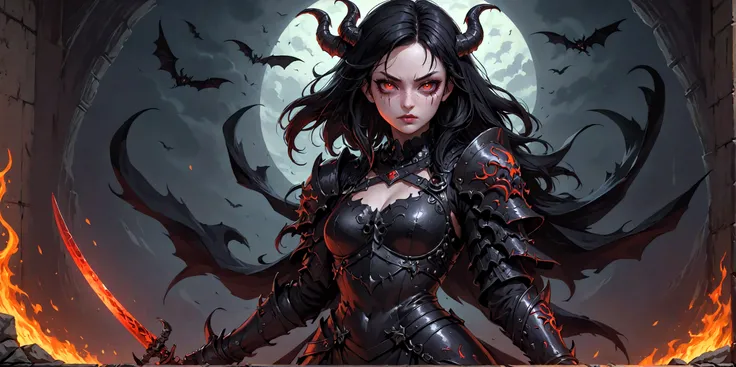 demon girl, close up, black heavy detailed clothes, art, dark and malevolent,armor, powerful and intimidating, (masterpiece, best quality, ultra-detailed, best shadow), (detailed background, dark fantasy) dramatic light, intricate details, dark and malevol...