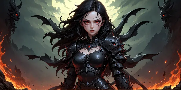 demon girl, close up, black heavy detailed clothes, art, dark and malevolent,armor, powerful and intimidating, (masterpiece, best quality, ultra-detailed, best shadow), (detailed background, dark fantasy) dramatic light, intricate details, dark and malevol...