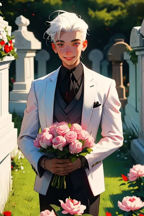 a young white haired man with red eyes in a gothic suit is holding out a bouquet of peonies while blushing and smiling in a cemetery