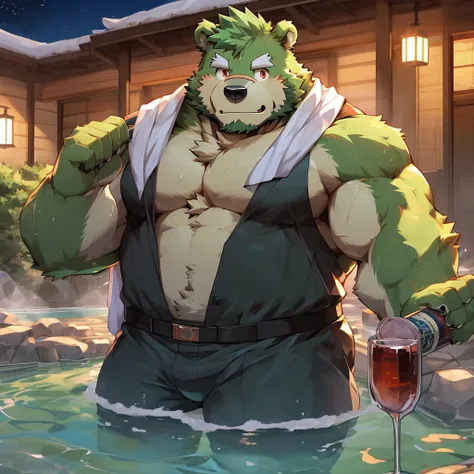 masterpiece, high quality, anime, detailed eyes, male jinpei, anthro, bear, Great physique, strong arms manly, Casual suit, (((green bear))), (((green fur))), green hair, beard, white eyebrows, bald, detailed red eyes, tall, Joyful, , by zixiong, in the ho...