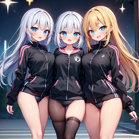 (cute eyes:1.2), (sparkling eyes:1.2), highest quality,wonderful,finely,extremely detailed CG Unity 8K wallpaper, (Stand in line:1.2), (3 girls, cute eyes, track suit, clothed), (midium breasts), (open mouth:1.1), (long tongue:1.1), (mouth drool:1.1), (bla...