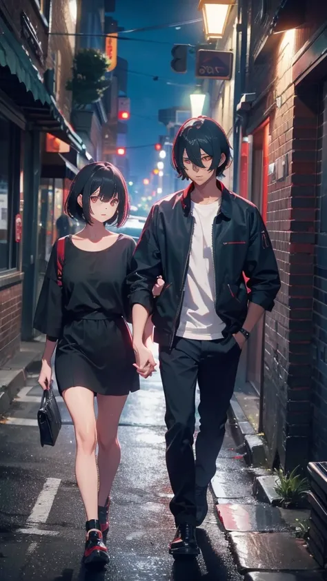 A short bob-haired, red-eyed  and black hair men,Walking hand in hand