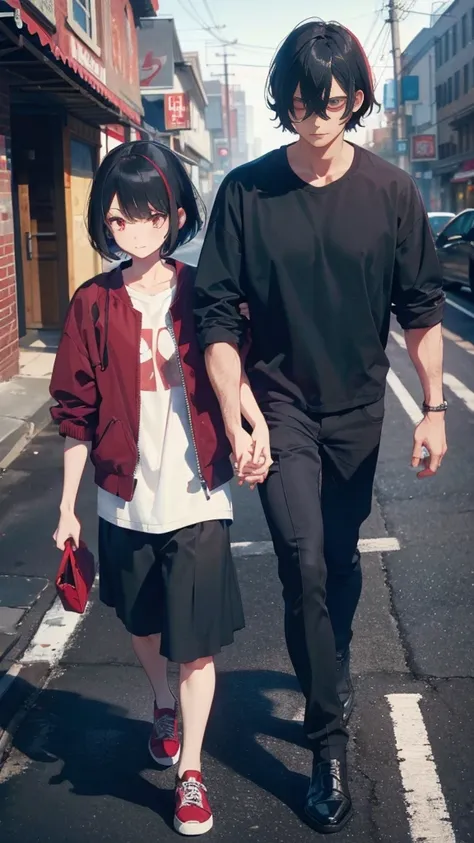 A short bob-haired, red-eyed  and black hair men,Walking hand in hand