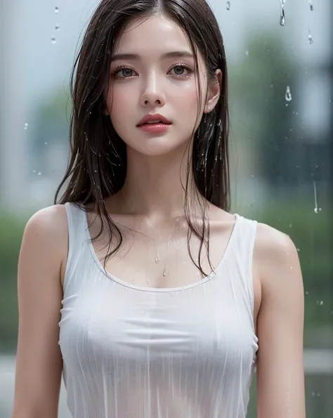 (Best quality, 4k, Masterpiece :1.3), pretty woman, 1girl, sexy :1.1, dark brown hair: 1.1, (rainy wet, wet from rain, wet body :1.2), white tank tops, ultra-detailed face, detailed lips, detailed eyes, double eyelid