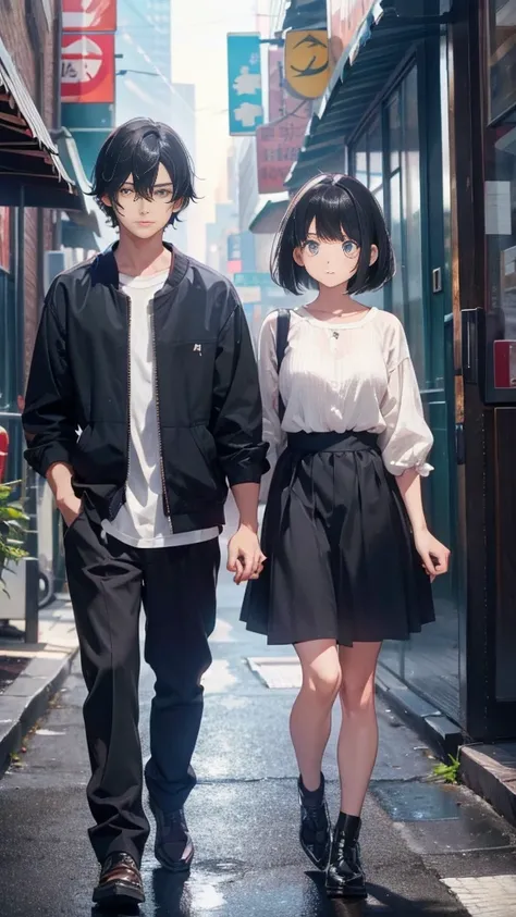 A man with black hair walking hand in hand with a small girl with short bob hair