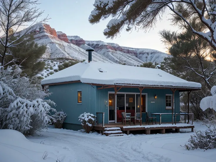 Winter landscape on the Karoo, small home surrounded by small trees and bushes