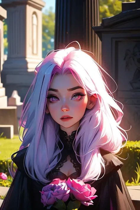 A pink haired woman with violet eyes with an hourglass figure in a Gothic ballgown is gazing into the eyes of a young white haired man with red eyes in a gothic suit in the cemetery lovingly
