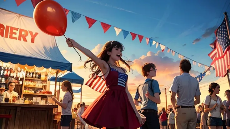 
A Fourth of July party is a lively and festive celebration in the United States, commemorating Independence Day. The venue is adorned with red, white, and blue decorations, symbolizing the colors of the American flag, with banners, streamers, balloons, an...