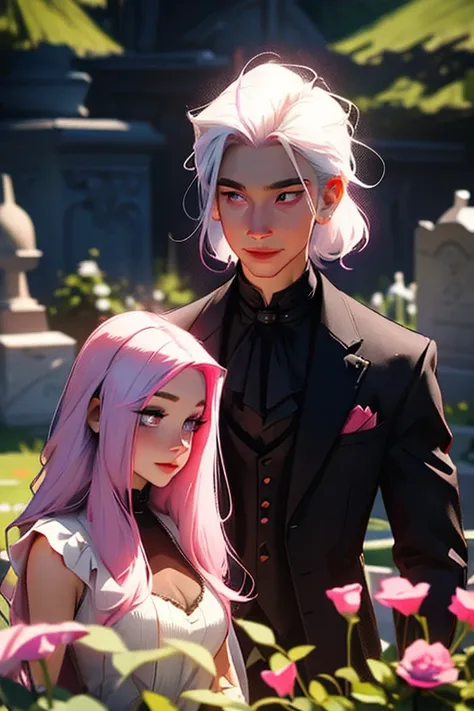 A pink haired woman with violet eyes with an hourglass figure in a Gothic ballgown is talking  with a young white haired man with red eyes in a gothic suit in the cemetery with a big smile