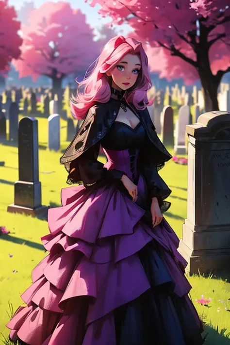 A pink haired woman with violet eyes with an hourglass figure in a Gothic ballgown is blushing while leaning forward in a cemetery