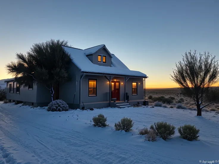 Winter landscape on the Karoo, small home surrounded by small trees and bushes, sunrise, no snow, 