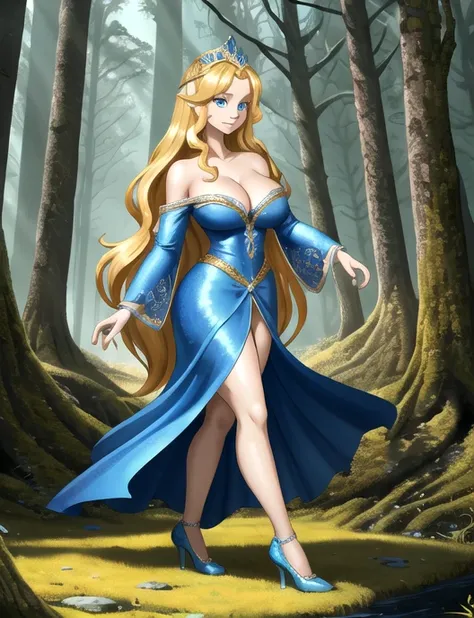 ((Best quality)), ((Masterpiece)), (detailed), perfect face perfect figure, Fantasy style, fantasy setting, forest background, 26 year old, Scandinavian woman, Princess, Golden hair, long wavy hair, bright blue eyes, pale skin, large breasts, tight blue dr...