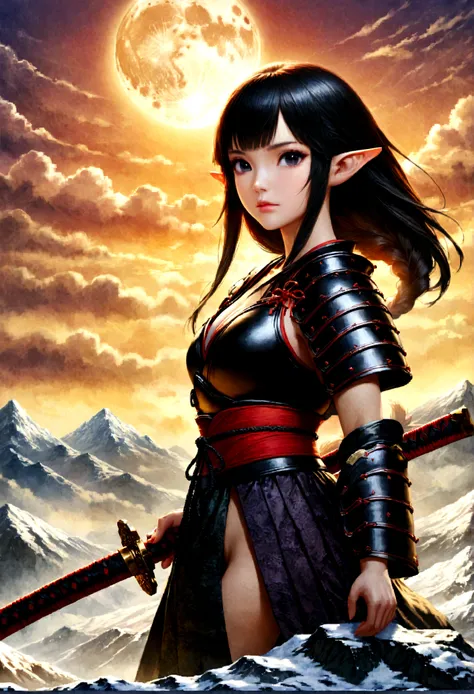 fantasy art, rpg art, dark fantasy art, a female elf samurai, ready to battle, she wears traditional samurai armor, armed with a...