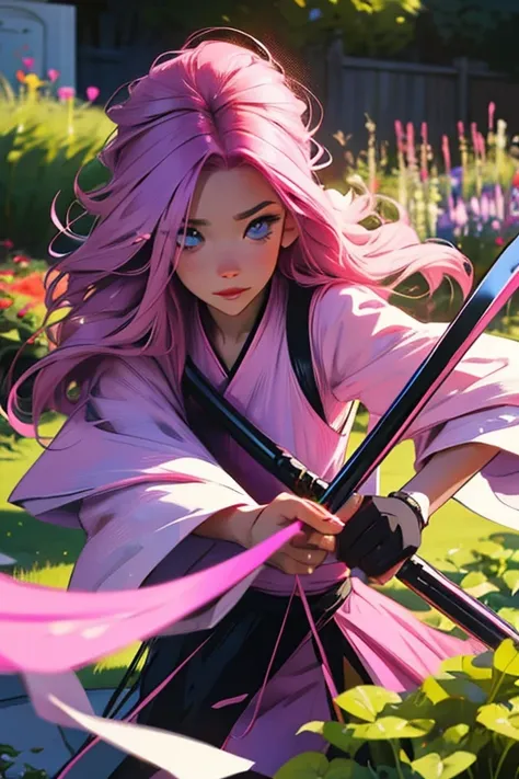 A pink haired girl with violet eyes is spinning a scythe in a garden