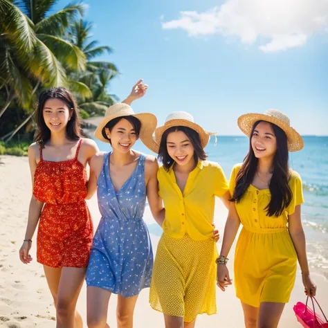 Photorealistic, 4k, 4girls.Holding hands with friends, we head to the beach. Yellow sunflowers in our hair. Time for laughter. Feeling the scent of the sea. Summer camp morning. We rush to the beach. We are full of smiles. Enjoying the summer days in swims...