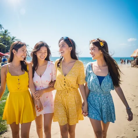 Photorealistic, 4k, 4girls.Holding hands with friends, we head to the beach. Yellow sunflowers in our hair. Time for laughter. Feeling the scent of the sea. Summer camp morning. We rush to the beach. We are full of smiles. Enjoying the summer days in swims...